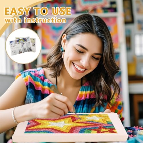Doodlream Colorful Stars DIY Punch Needle Embroidery Kit for Adult Beginner, 9.4" Stars Punch Stitching Craft Set for Starter with Frame,Fabric Pattern,Threader, Yarn, Pinch Needle - Image 3