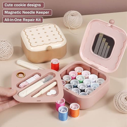 LOTOFUN Small Sewing Kit Box: Cute Portable 2-Layer Organizer Magnetic Needle and Thread Kits Holder Basic Case - Home Clothes Repair for Beginners (Pink) - Image 2