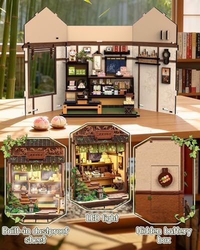 Book Nook Kit - DIY Miniature House Kit, Japanese Wagashi Shop, 3D Wooden Puzzle with LED Lights, Tiny House Decorative Bookshelf Home Decor, Craft Gift for Adults, Teens & Book Lovers - Image 3
