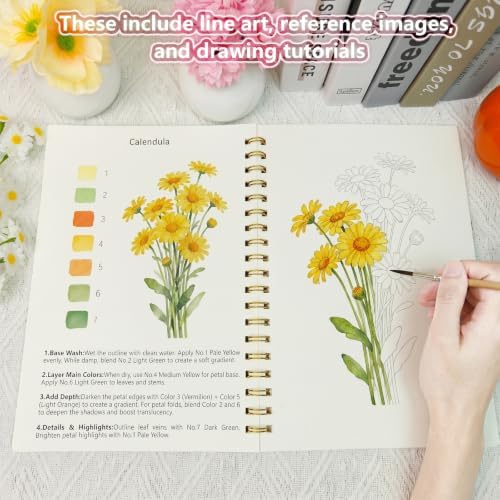 SATFOIV Floral Theme Watercolor Workbooks Set, 16-Color Watercolor Paint+Removable Palette, can Hold Water Watercolor Pens+Watercolor Brushes,14 Beautiful Paintings+2-Page Beginner's Guide - Image 3