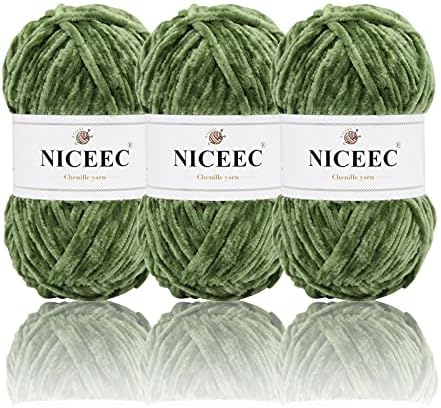 NICEEC 3 Skeins Soft Chenille Yarn 3 x85m (3X 93yds, 3X 50g)_Army Green by NICEEC