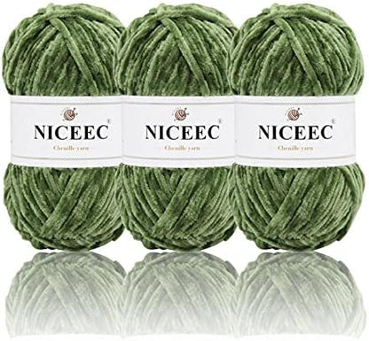 NICEEC 3 Skeins Soft Chenille Yarn 3 x85m (3X 93yds, 3X 50g)_Army Green by NICEEC