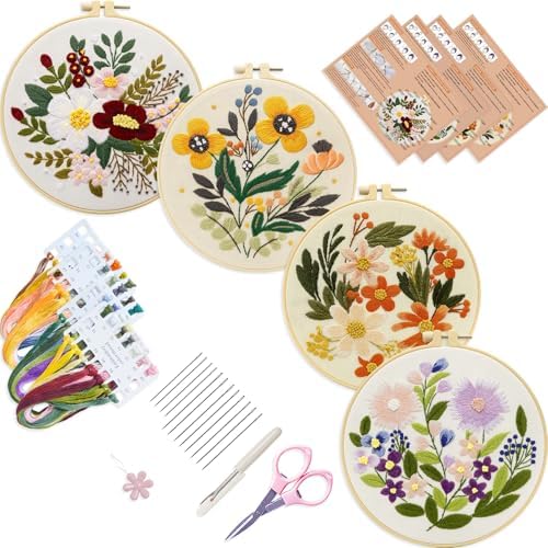 Bonroy 4 Sets Embroidery Set for Beginners Art Crafts Easy Sewing Includes Embroidery Clothes with Pattern, Hoop, Instruction Manual, Color Stitch Set (Assorted 1) by Bonroy