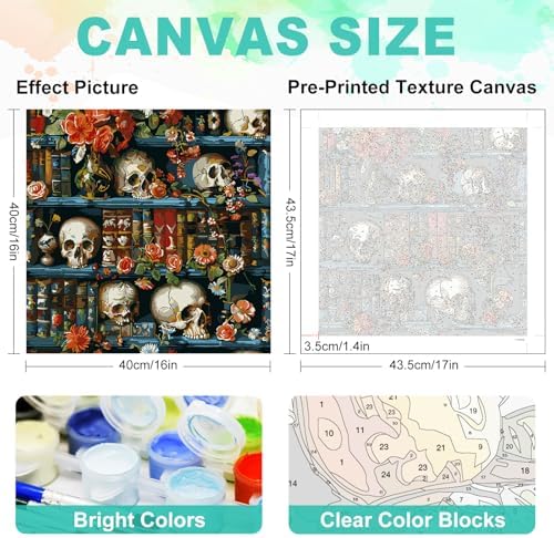 GEEHEIY Paint by Numbers Kit for Adults, Skull Bookself, 16x16 Inch - Image 3