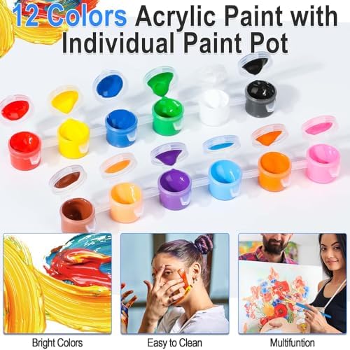 shynek 150pcs Painting Supplies Kit for Adults, 8 * 10In Canvas Boards with Easel Stand, 12 Colors Acrylic Paint Set, Artist Paint Brushes Set, Paint Trays, Sip and Paint Kit - Image 5