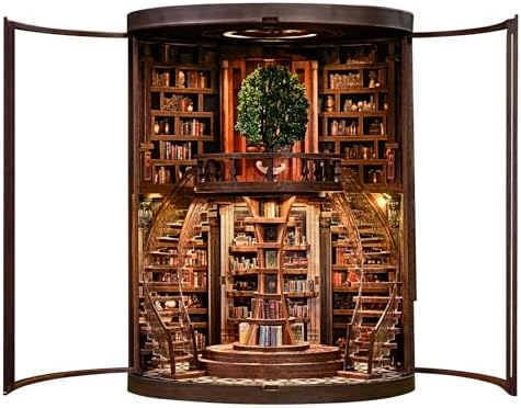 Wisdom Tree Library Book Nook Kit, DIY 3D Wooden Puzzle with Rotating Staircase, LED Light & Dust Cover, Premium Solid Wood Bookend, Vintage Decor, Creative Gift for Adults & Book Lovers by WelcometoHavefunfun
