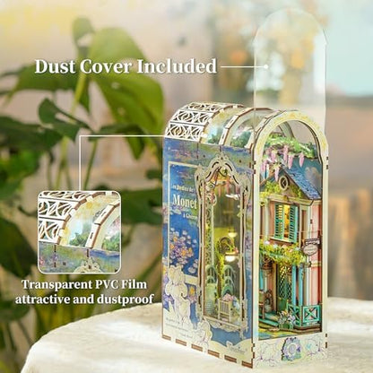 Tonecheer DIY Book Nook Kit for Adults, 3D Puzzle Wooden Miniature House Kit, Booknook Dollhouse Bookshelf Insert Decor Bookend with Dust Cover and LED Lights Gifts (Giverny Garden) - Image 6