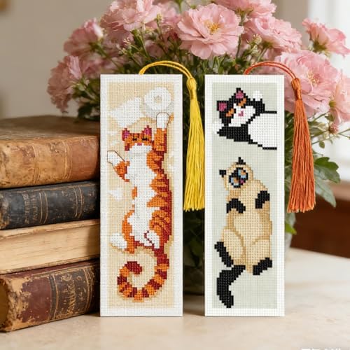 INFUNLY 6 Pcs Cute Cat Cross Stitch Bookmark Kit with Tassels, Stamped Pre-Printed Embroidery for Adult Beginners, Tools with Floss Scissors Needles Instructions, DIY Gift for Book Lovers - Image 5