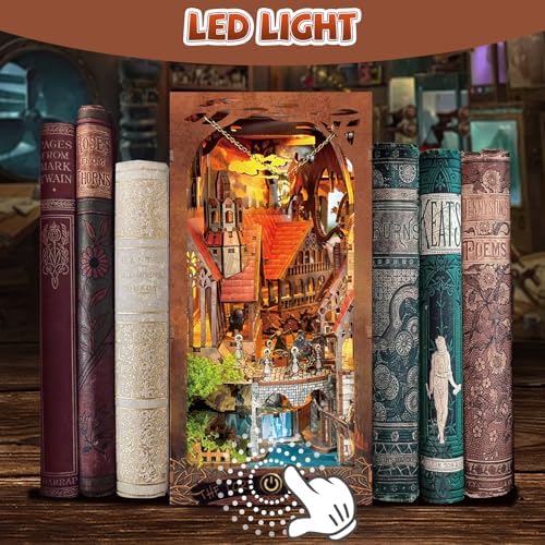 Book Nook Kit for Adults, 3D Wooden Puzzles with LED Light, DIY Miniature House Kit Bookshelf Bookend Decor,Wood Gifts for Book Lovers Women Friends - Image 4