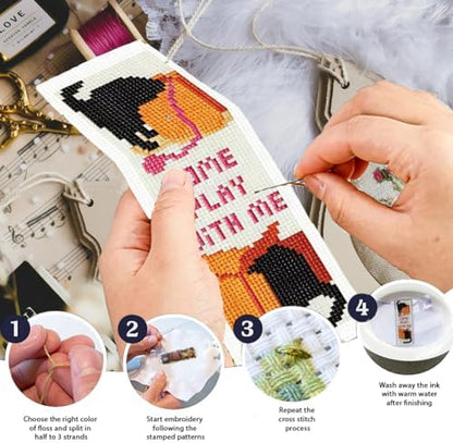 INFUNLY 6 Pcs Cute Cat Cross Stitch Bookmark Kit with Tassels, Stamped Pre-Printed Embroidery for Adult Beginners, Tools with Floss Scissors Needles Instructions, DIY Gift for Book Lovers - Image 4