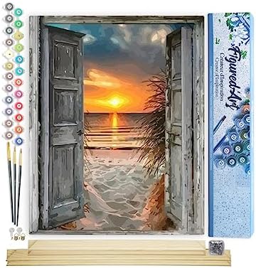 Figured'Art Paint by Numbers Kit for Adults Door to The Beach 16"x20" - Craft Art Painting Rolled Canvas with DIY Wooden Frame by FiguredArt