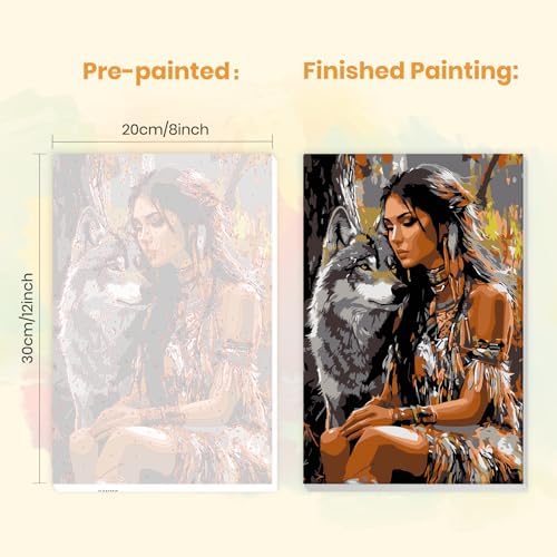MXJSUA Native American Woman Wolf Framed Paint by Numbers for Adults Beginners, Easy Adults' Paint-by-Number Kits on Canvas with Easel, Acrylic Number Painting Crafts Gifts for Home Decor, 8x12 inch - Image 3
