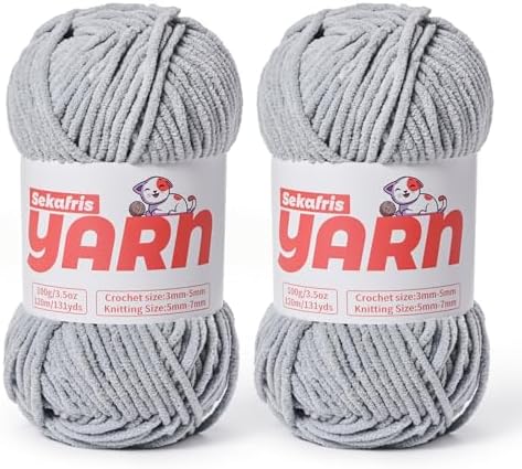 Plush Chunky Chenille Yarn for Crocheting, Soft Fluffy Velvet Yarn for Crocheting Amigurumi, Fuzzy Baby Blanket Knitting 200g/262yds Bulky(2 Grayish) by Sekafris
