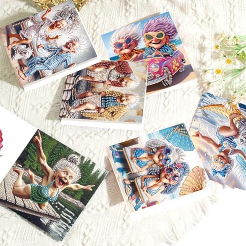 C'eitura 6Pcs Happy Old Lady Diamond Art Greeting Card Kit – DIY Rhinestone Painting Postcard Set for Christmas New Year Holiday Party Favors, Creative Craft Gift for Adults - Image 3