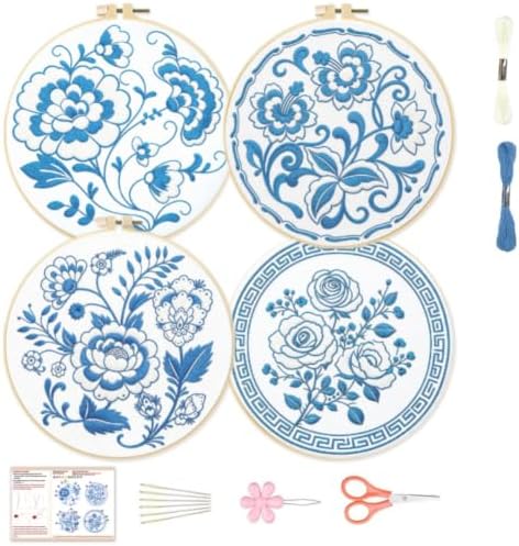 BEUNITONE 4 Set Embroidery Kit for Beginners, Blue Flower Cross Stitch Kits, Needlepoint Kits for Adults with Instructions and Full Kit, Classical Hand Embroidery Patterns for Cloth and Home Decor by BEUNITONE