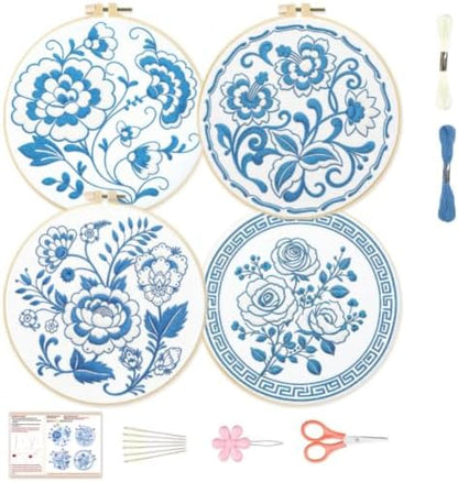 BEUNITONE 4 Set Embroidery Kit for Beginners, Blue Flower Cross Stitch Kits, Needlepoint Kits for Adults with Instructions and Full Kit, Classical Hand Embroidery Patterns for Cloth and Home Decor by BEUNITONE
