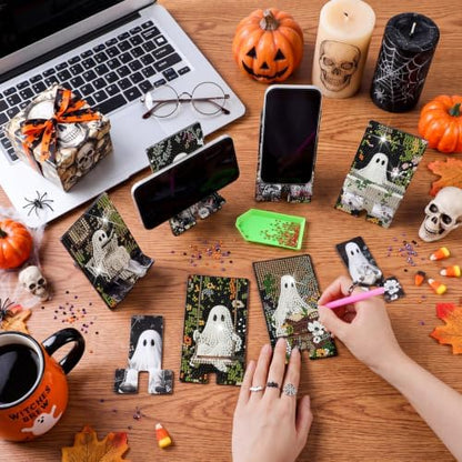 Saillong 6 Pcs Halloween Ghost Diamond Painting Phone Holder, Full Drill - Image 6