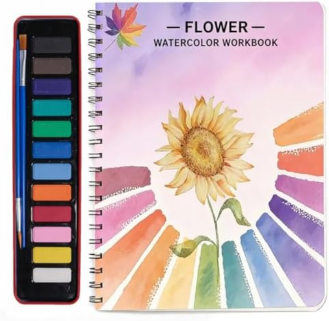 Watercolor Workbooks, Beginner Watercolor Painting Kit – 12 Colors Paint Set with Brush – Perfect for Gifting to Spark Creativity & Joy for Teens & Adults（Flower） by Unknown