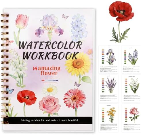 Landhoow Flower Watercolor Workbooks, Water Coloring Book for Adult Beginners 14 Floral Designs Friendly Painting Arts Crafts Exploration Gifts for Birthday Back to School by Landhoow