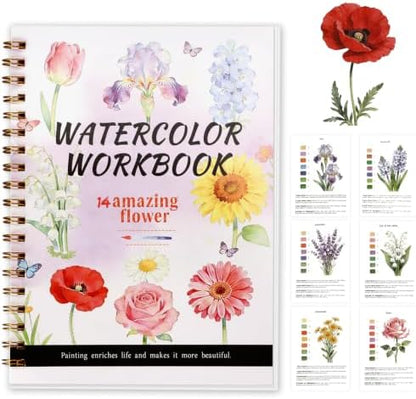 Landhoow Flower Watercolor Workbooks, Water Coloring Book for Adult Beginners 14 Floral Designs Friendly Painting Arts Crafts Exploration Gifts for Birthday Back to School by Landhoow
