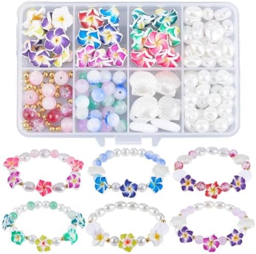 SUNNYCLUE 1 Box 174Pcs DIY 6 Sets Bracelet Making Kit Plumeria Flower Beads Polymer Clay Beads Summer Ocean Hawaiian Shell Bead Imitation Pearl Beads for Jewelry Making Kits Adult Women Gifts Supplies by SUNNYCLUE