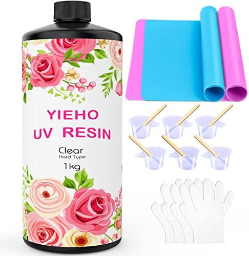 YIEHO 1000g UV Resin -Upgraded Crystal Clear Hard UV Fast Curing Epoxy Resin Supplies with Mat for Craft Jewelry Making 1KG by YIEHO