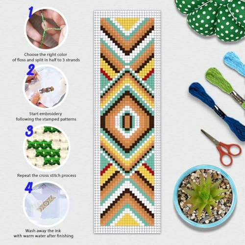 BEUNITONE Cross Stitch Bookmarks Kit 6 Pcs Geometric Pattern DIY Bookmarks Cross Stitch Kits for Beginners Boho Floral Fabric Bookmark Kit Traditional Decorative Counted Knitting Kit 8''x2.4'' - Image 4