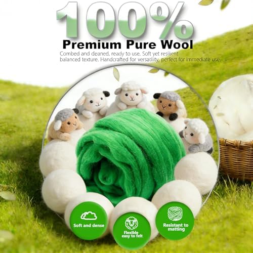 Wool Roving-3.5oz Needle Felting Wool, Soft Multi-Color Wool Fiber, Perfect Felting Wool Pure Wool, Chunky Yarn, for DIY Crafts, NeedleFelting Projects,and Artwork (Jolly Green) - Image 5