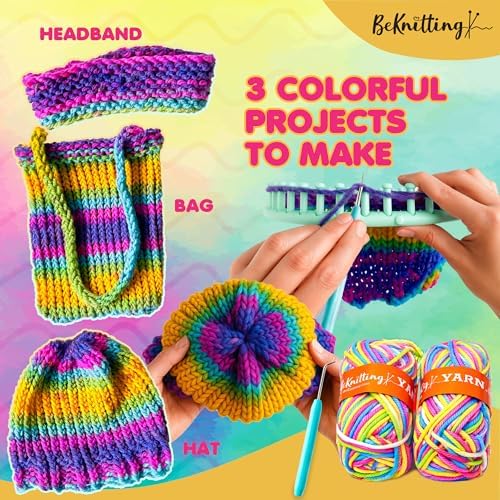 BeKnitting Loom Kit - Beginner Learn to Knit Hat, Bag and Headband for Kids & Adults | DIY Arts & Crafts w/Round Loom, Yarn, Crochet Hook, & Pen | Weaving | Holiday Gifts, Gift-Ready Box - Image 2