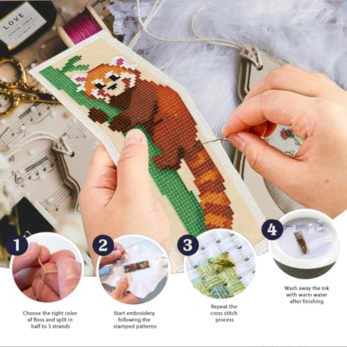 INFUNLY Red Panda Cross Stitch Bookmark Set Reading Pandas Stamped Embroidery Bookmark Kit Sleeping Red Panda Needlepoint Bookmarks Kit DIY Embroidery Bookmarks for Book Lovers Craft Gift - Image 4