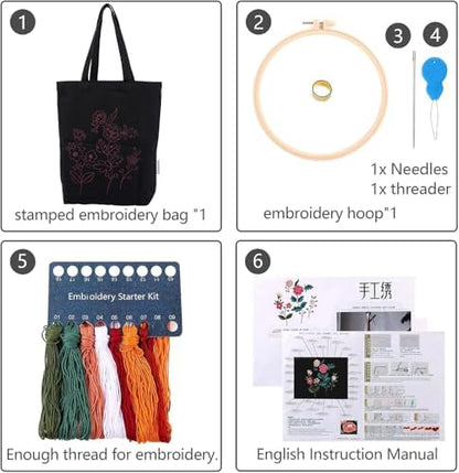 CREAWONDER Canvas Tote Bag Embroidery Kit with Pattern for Beginners, Arts and DIY Embroidery Crafts Kits for Adults, Include Instructions, Thimble, Embroidery Hoops, Color Threads and Tool - Image 4