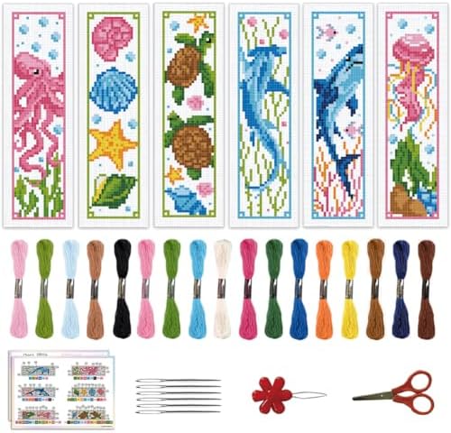 ACRNIGHEET 6PCS Cross Stitch Bookmark Kits Marine Animals Pattern Stamped Cross Stitch Kits for Beginners Adults DIY Stamped Embroidery Bookmarks with Instructions Hand Embroidery Craft Gift 11CT by ACRNIGHEET