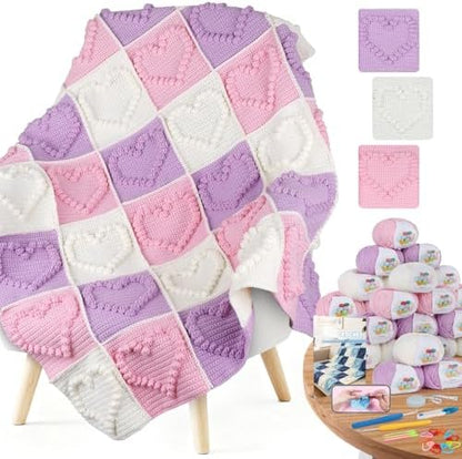 Coopay Crochet Kit for Beginners, 3D Heart Granny Square Blanket Kit, Set A by Coopay