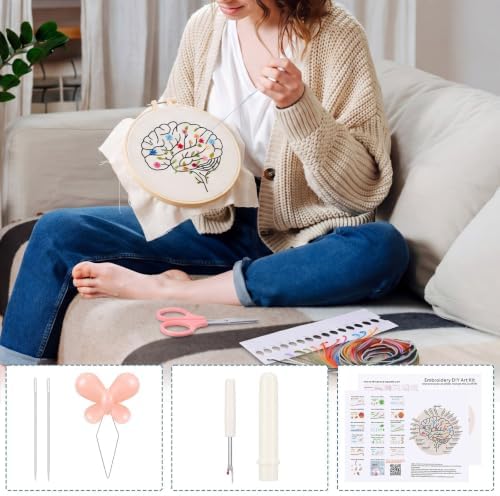 Fanfanwin 1 Set Brain Embroidery Kit for Beginner Floral Brain Cross Stitch Kits Easy Embroidery with Hoop, Needles, Threads, Instruction Threads Tools DIY Craft Art for Mental Health Mindfulness Gift - Image 5