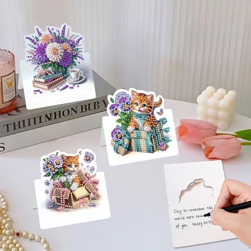 6 Packs Cat and Flowers DIY Diamond Art Greeting Cards with Envelopes Special Shaped 3D Fold Rhinestone Painting Card Handmade Gem Dots Art Kit for Beginner Adult Birthday Holiday Blessing Gift - Image 4
