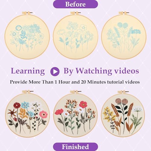 3 Sets Embroidery Kit, Cross Stitch Kits for Beginners, Needlepoint Kits for Adults with Floral Patterns, Hoop, Needles, Threads and Tools, Colorful Threads, Easy to Learn Step-by-Step Guide & Video - Image 4