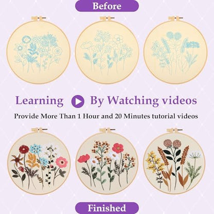 3 Sets Embroidery Kit, Cross Stitch Kits for Beginners, Needlepoint Kits for Adults with Floral Patterns, Hoop, Needles, Threads and Tools, Colorful Threads, Easy to Learn Step-by-Step Guide & Video - Image 4
