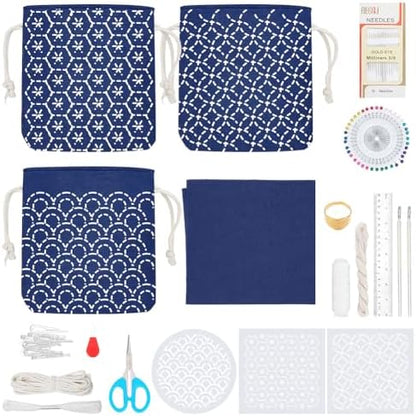 INFUNLY 3 Set Sashiko Drawstring Bag Kit DIY Sashiko Coin Purse Navy Blue Fabric Set for Beginners Make Your Own Tote Bag Thread Needles Hand Sewing Kit for Adults by INFUNLY