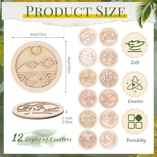 Reallnaive Wood Coasters Painting Kit DIY Craft, 12 Pcs, Landscape - Image 2