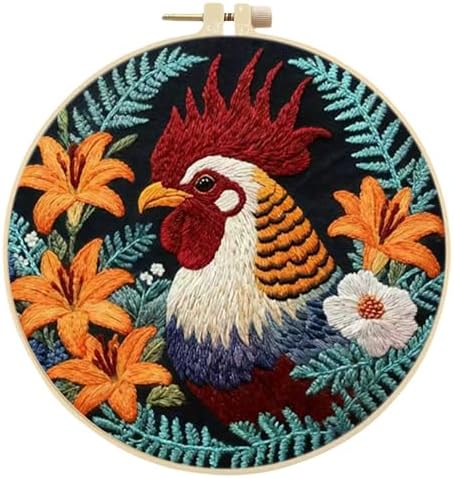 FRANDEK DIY Flower Rooster Stamped Embroidery Kit with Hoop for Adults by FRANDEK