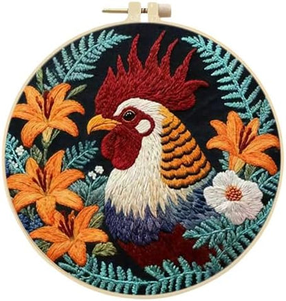 FRANDEK DIY Flower Rooster Stamped Embroidery Kit with Hoop for Adults by FRANDEK