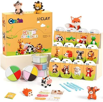 Cyajm 12-Color Air Dry Clay Kit, Animal, Kids 3+ with Tools & Guide by CyAJM