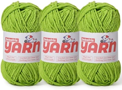 3 Pack Plush Chunky Chenille Yarn for Crocheting, Soft Fluffy Velvet Yarn for Crocheting, Fuzzy Baby Blanket Knitting Yarn, 300g/393yds Bulky Amigurumi Yarns（3 Lime Green） by Sekafris