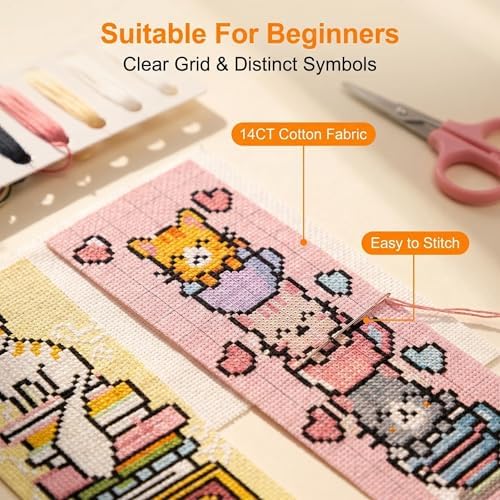 5pc Cat Bookshelf Stamped Cross Stitch Embroidery Kit for Adult Beginners - Image 3