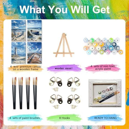 4 Pack Beach Paint by Numbers for Adults with Framed Canvas - Wooden Easel - Image 4
