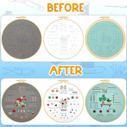 Ponpon 3 Sets Embroidery Kit for Beginners, Embroidery Kit for Adults with Follow Instruction, Cross Stitch Kits with Wooden Embroidery Hoops (Stlye C) - Image 3
