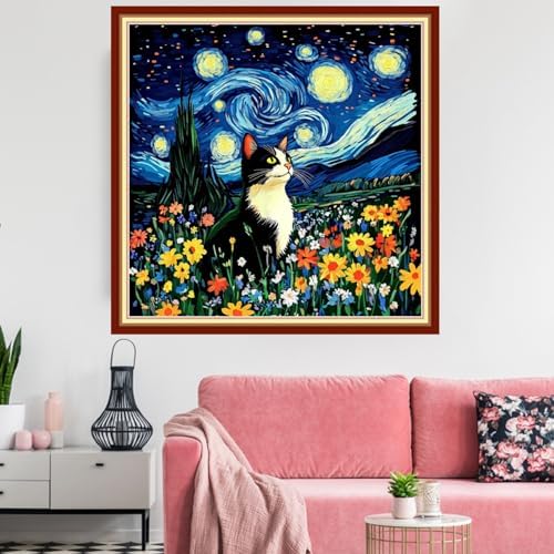 Redxing Stamped Cross Stitch Kits Embroidery kit for Beginners Adults Full Range of Embroidery Patterns Starter Kits DIY Printed Cross Stitch Kits Needlepoint Kits 11CT-Van Gogh Starry Cat 18x18 inchs - Image 2