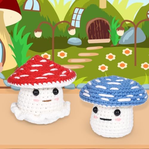 Crochet Kit for Beginners: 2 PCS Red & Blue Mushroom Starter Crochet Kits with Step-by-Step Video Tutorials and Yarns, Hook, Accessories, DIY Craft Gift for Adults and Teen(30%+ Yarn) - Image 2