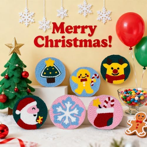 Christmas Punch Needle Kit for Adults Beginners, Easy Punch Embroidery Coaster Starter Set with Instruction – Fun Mug Rug Making Kit for Table Decor & Festival DIY Gifts - Image 2