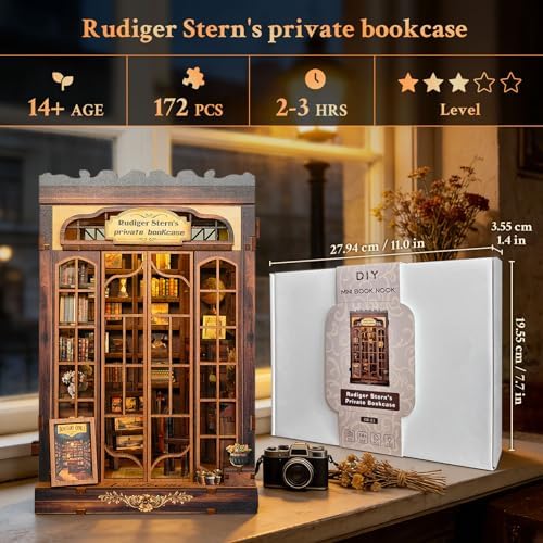 Book Nook Kit Retro Private Bookcase 3D Wood Miniature House with LED Light - Image 2